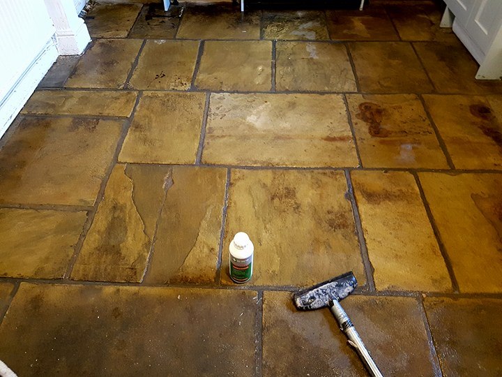 Yorkstone Slab Floor During Cleaning in Hyde