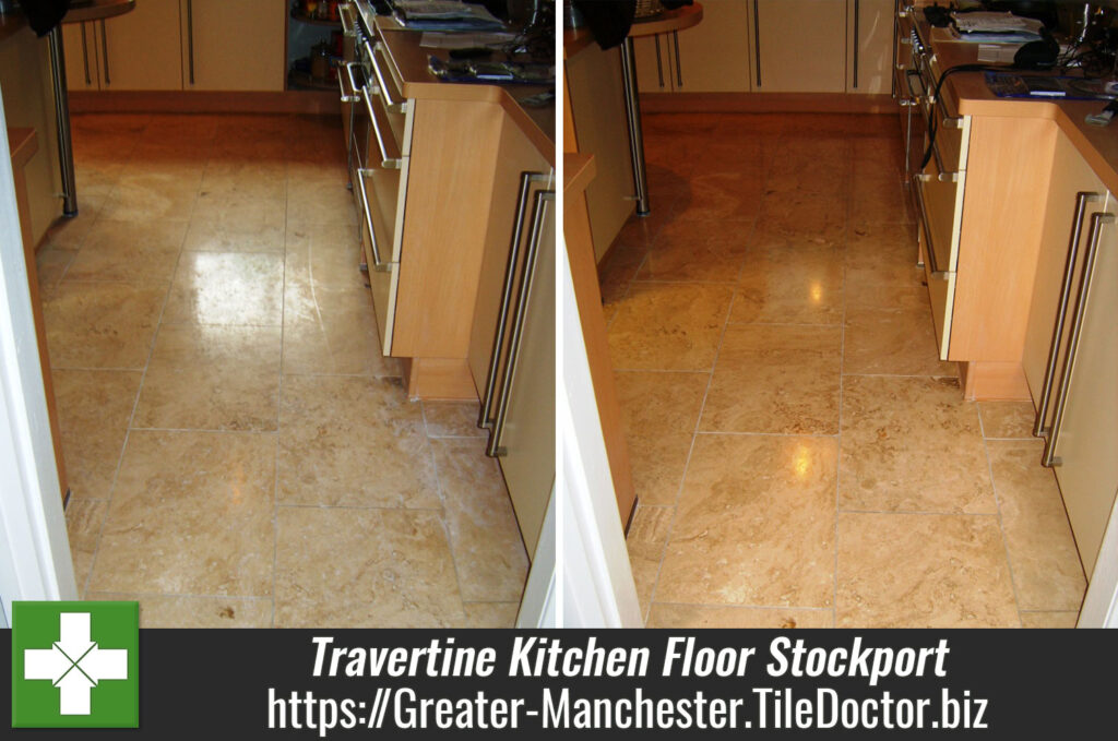 Travertine Tiled Kitchen Floor Maintained in Stockport