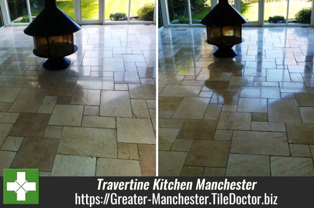 Travertine Tiled Kitchen Floor maintained in Manchester