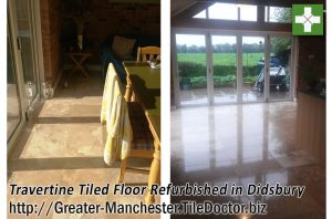 Travertine floor before and after polishing in Didsbury