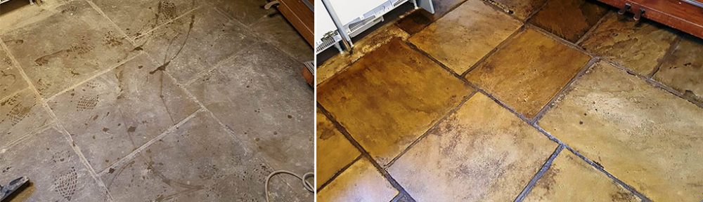 Heavily Soiled Yorkstone Tiled Floor Cleaned & Sealed in Hyde