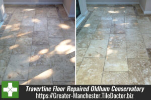 Damaged Travertine Tiled Floor Repaired in Oldham Conservatory