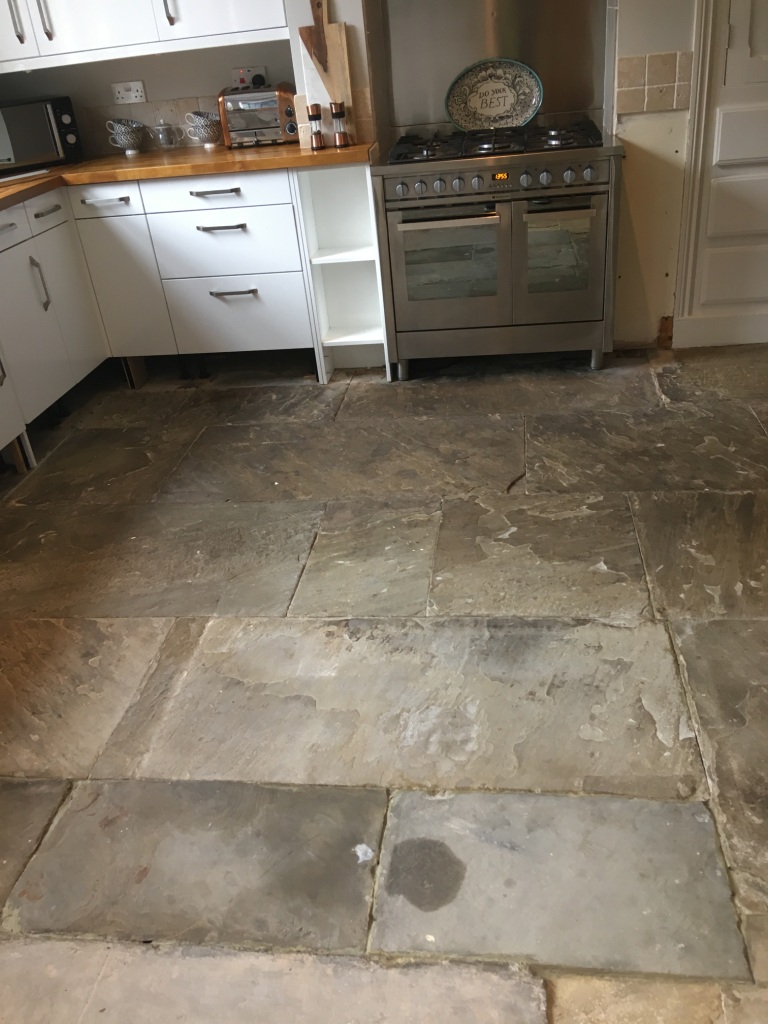 Resurfacing Dirty Flagstone Flooring In An Oldham Kitchen