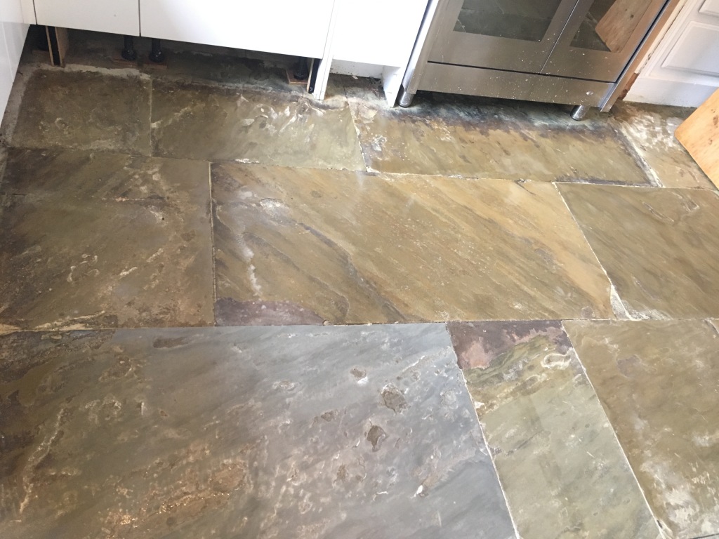 Flagstone Kitchen Floor During Cleaning Oldham