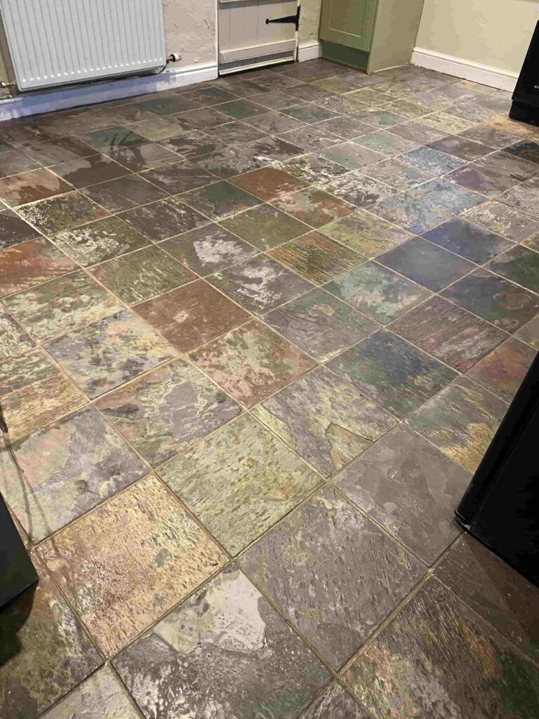 Multi-Coloured Indian Slate Kitchen Floor Before Cleaning Manchester